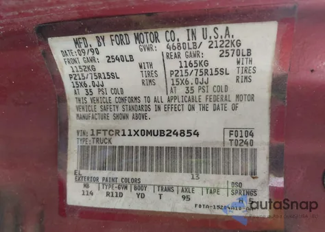 1991 Ford Ranger from USA, damaged, VIN 1FTCR11X0MUB24854